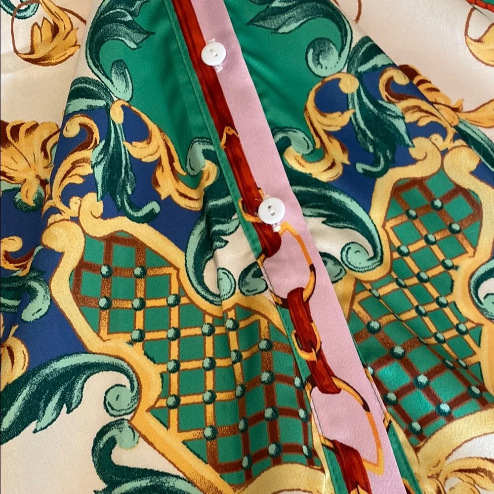 NWOT HER BOTTARI Vibrant Patterned Button-Up Shirt Dress Scarf Print Size L - Picture 7 of 16